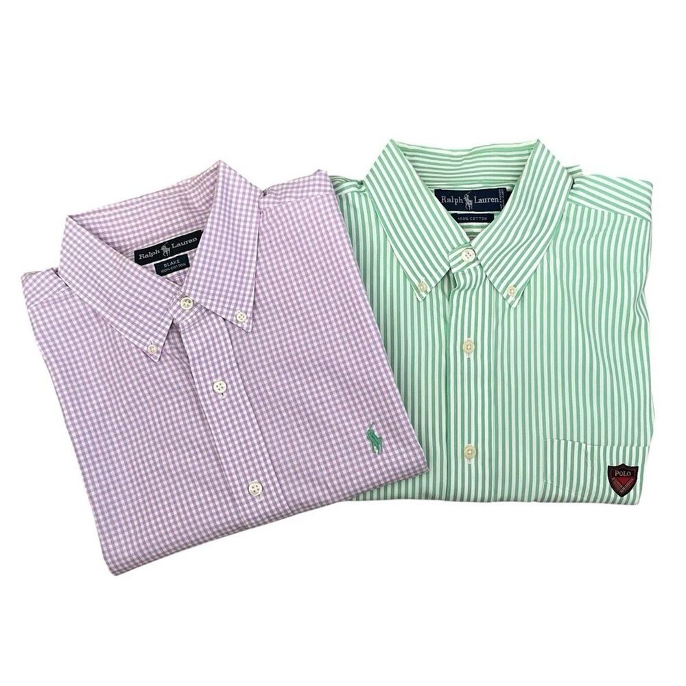 Ralph Lauren (2) Button Down Shirts XL 100% Cotton Lavender Gingham Green Stripe